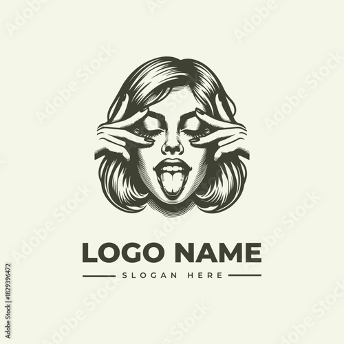 Playful woman face making a funny expression, a vintage engraving style vector logo illustration 75