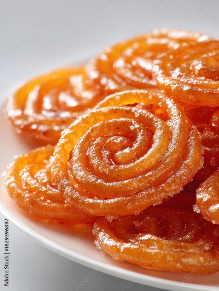 Fototapeta premium close up of jalebi a sweet dish from india on a white plate studio shot traditional dessert food photography