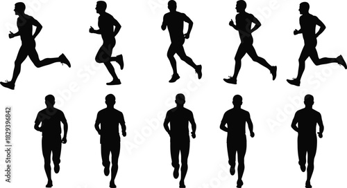 Silhouette Illustration of Running Motion in Side and Front Views Showing Human Movement Stages for Sports and Animation Use