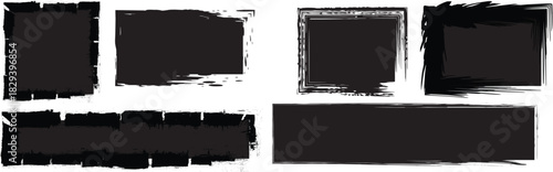 Black grunge frame design with splattered accents. A collection of rough, dirty artistic elements including boxes, text frames, paint textures, ink brush strokes, and bold grunge lines. Vector set.