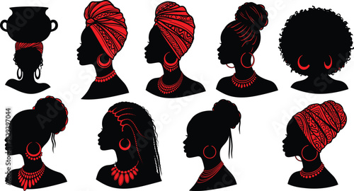 Silhouette Illustration of Ten Women with Diverse Hairstyles, Headwraps, and Accessories Highlighted in Red for Cultural and Fashion Themes