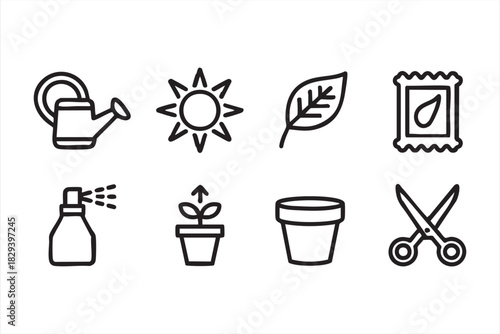 Seedling and gardening tool icons in clean line style for horticulture UI