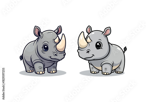 A charming duo of illustrated baby rhinoceroses with a friendly expression, depicted in a cute chibi cartoon style isolated on a white background