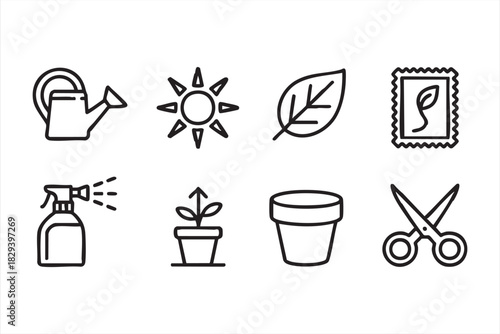 Botanical care line icons for garden growth, watering, and sunlight concepts