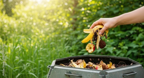 A hand depositing food scraps into a compost bin outdoors