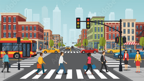 Vibrant city street scene with diverse pedestrians crossing at an intersection with traffic, a bus, and urban buildings
