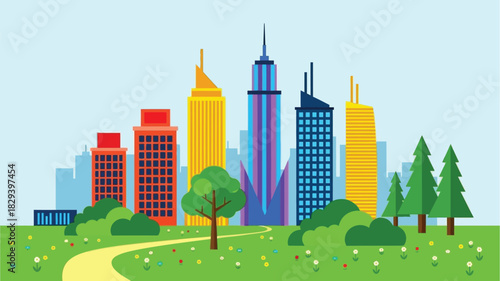 A vibrant cityscape illustration with colorful buildings and green parkland below