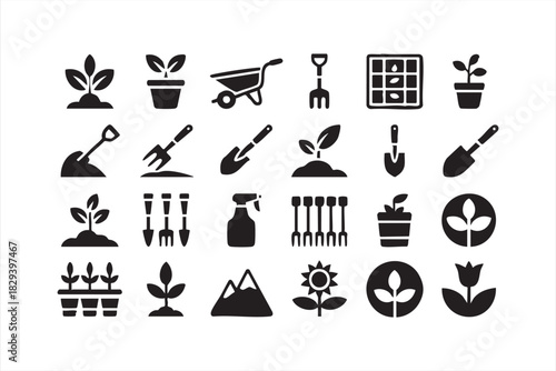 Solid gardening icons for plant growth, soil work, and outdoor horticulture