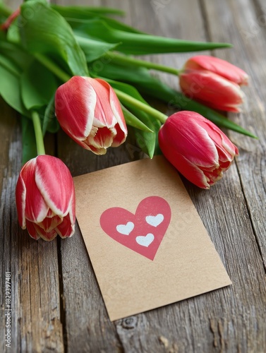 holidays love and valentines day concept  close up of tulip flowers and greeting card with heart on wooden table no logos no brands ar 34