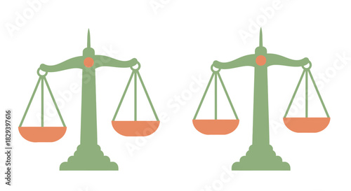 Pair of antique green scales with red balance pans symmetrical design