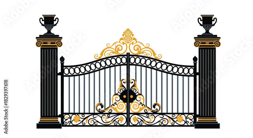 Elegant black and gold ornamental gate with decorative pillars and flourishes