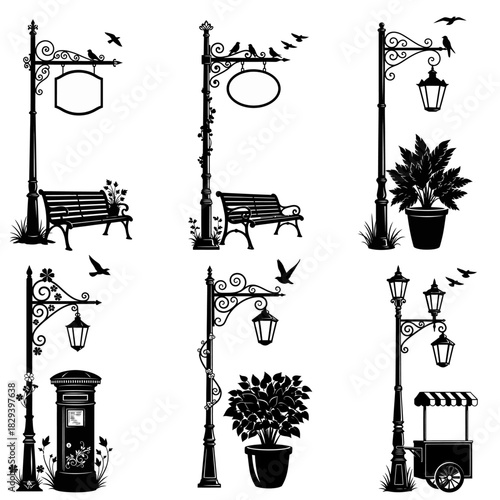 Black and White Street Scene Silhouettes with Decorative Elements and Birds