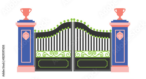 Decorative ornate gate with golden urns and detailed black metalwork design