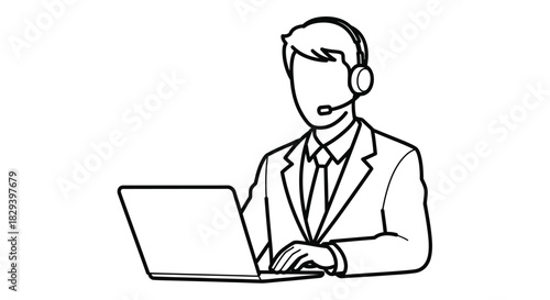 A simple line drawing of a man with a headset using a laptop