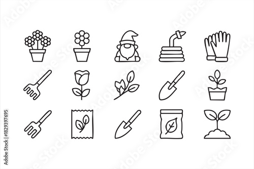 Plant and flower care icons for garden tools, seedlings, and horticulture tasks