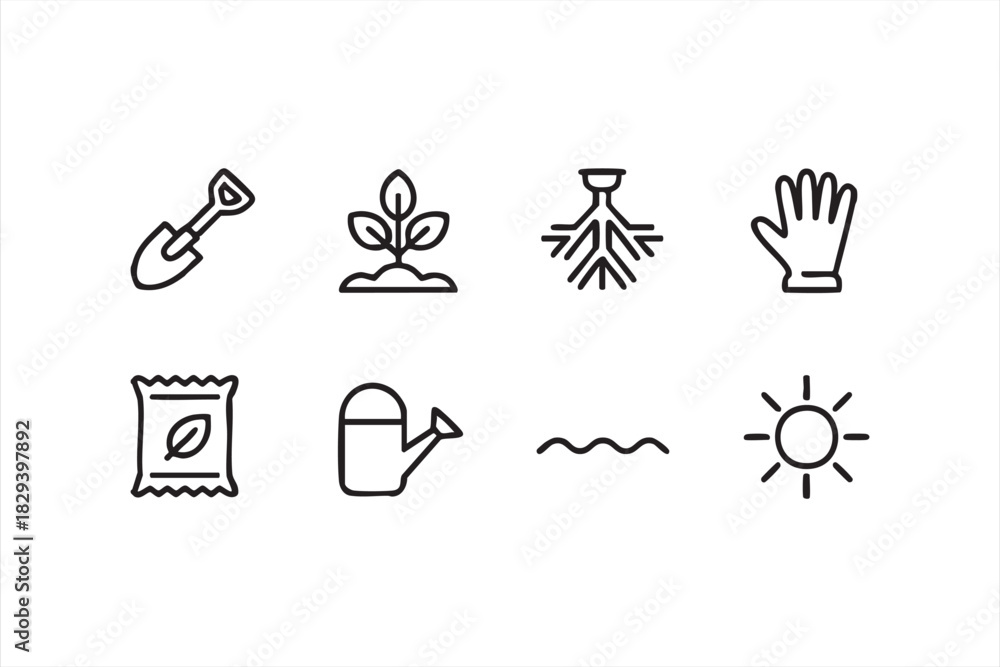 Fototapeta premium Minimal garden growth icons for watering, roots, seed bags, and foliage care