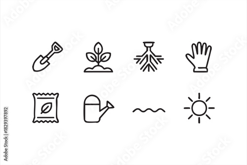 Minimal garden growth icons for watering, roots, seed bags, and foliage care