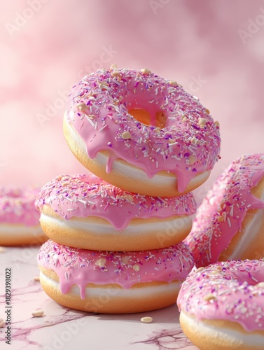 Wallpaper Mural indulgent pink donuts with sprinkles and filling stacked on a white table creating a tempting display for sweet treats Torontodigital.ca