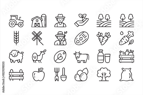 Agriculture icon collection for crops, orchards, animals, and produce crates