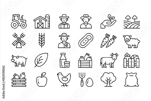 Line icons for farm tools, livestock breeds, harvested vegetables, and food supplies