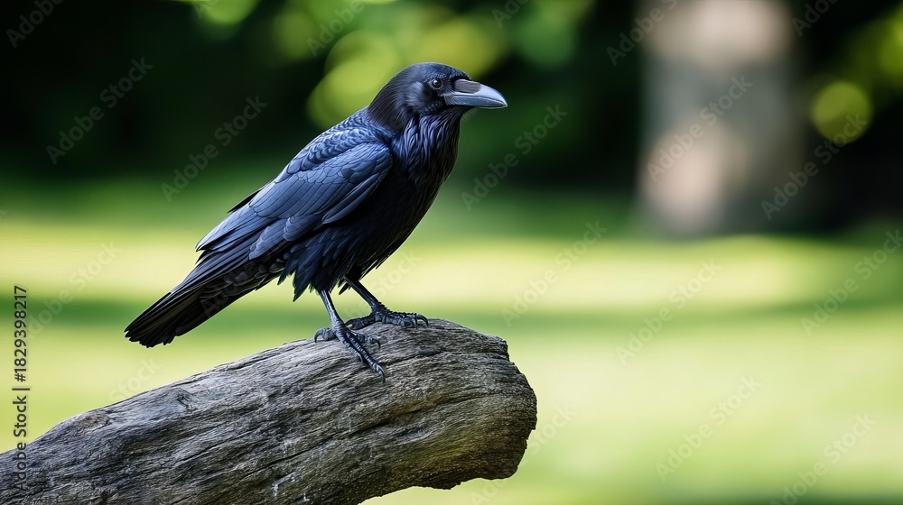 Naklejka premium Common raven perched on a log in natural forest habitat, wild bird close-up