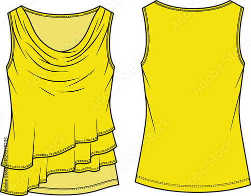 Yellow sleeveless top, draped neckline, asymmetrical ruffles, front and back view, fashion illustration, garment design, clothing vector