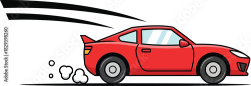 Red cartoon sports car speeding with exhaust fumes and speed lines, isolated on white background