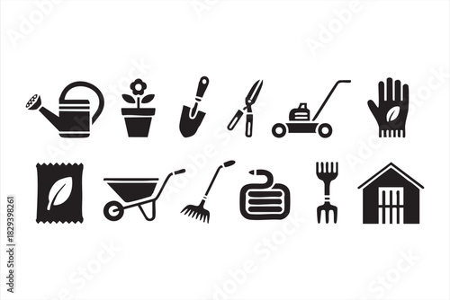 Solid gardening tool icons for lawn mowing, watering, pruning, and soil work