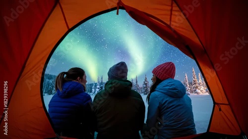 Rear view of friends watching northern lights aurora borealis from inside camping tent