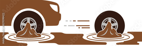 Car wheels driving through deep mud, splashing dirt, depicting offroad adventure, challenging terrain, or vehicle power, isolated on white background