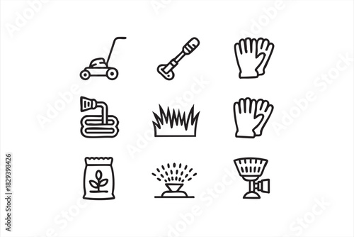 Lawn care line icons for mowing, irrigation, seed bags, and garden gloves