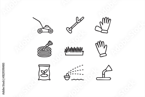 Gardening tool icons for grass maintenance, hoses, sprinklers, and yard work