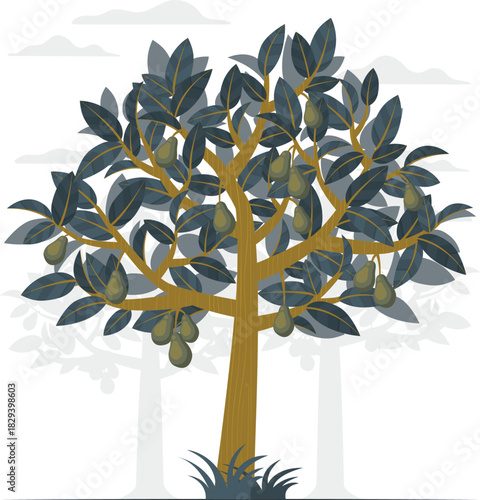 A stylized illustration of a bountiful avocado tree with a full canopy of leaves and hanging fruits, representing agriculture and natural growth
