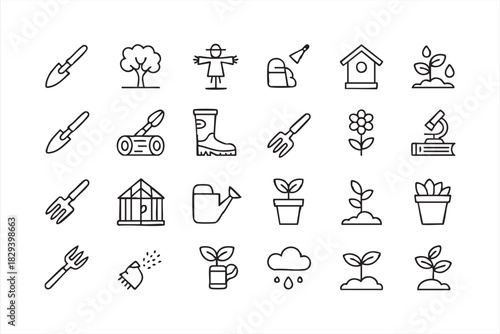 Plant growth icons for trowels, forks, flowers, soil work, and rain elements