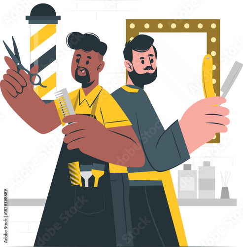 Professional barbershop concept with two diverse male hairstylists holding grooming tools like scissors and a razor
