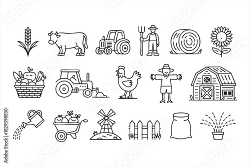Agriculture icon set featuring tractors, hay bales, animals, crops, and tools