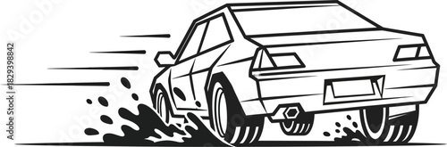 Line art illustration of a car speeding with motion blur and splashes from its wheels, depicting dynamic movement and speed