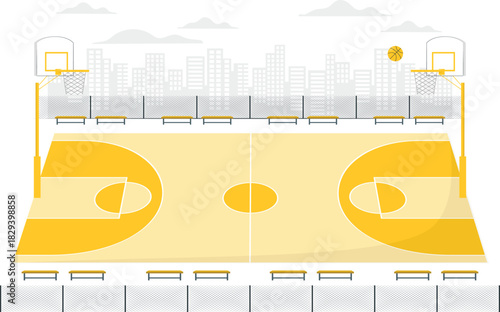 Vibrant Basketball Court Illustration with Urban Backdrop