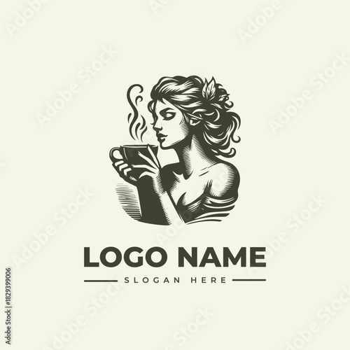 Elegant woman with coffee cup vector logo illustration in a classic engraving style, vintage cafe design element eps