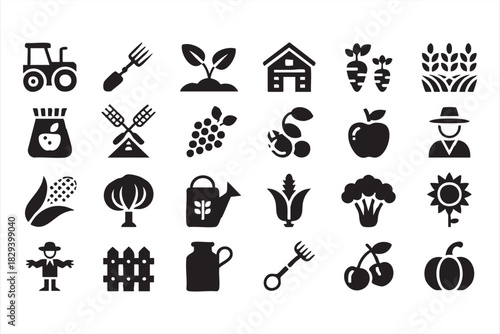 Farm produce icon set for tractors, seedlings, apples, grapes, and rural harvest work