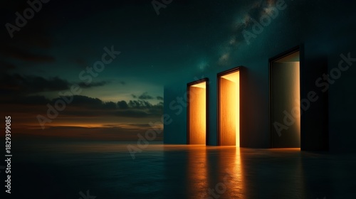 Illuminated doors opening to new possibilities surreal landscape digital art nighttime atmospheric perspective concept of choices