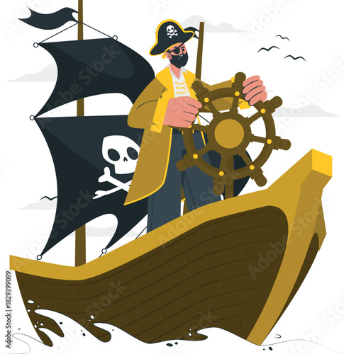 Illustration of a pirate captain steering a ship with a Jolly Roger flag and a spyglass