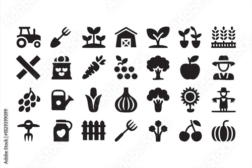 Agricultural solid symbols for crops, barns, tools, fruits, vegetables, and farmers