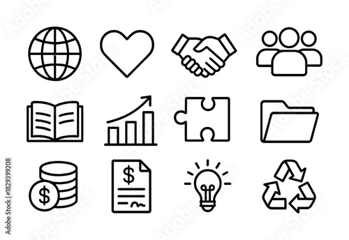 Business and community icon set including globe, heart, handshake, and more