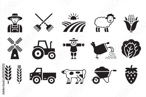 Solid agriculture icons for tractors, livestock, crops, tools, and rural harvest scenes