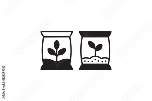 Minimal seed bag icons for potting soil, nutrient blends, and sprout development