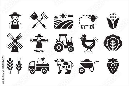 Farming icon set featuring livestock, tractors, wheelbarrows, crops, and field elements