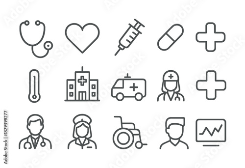 Medical icons set: stethoscope, heart, syringe, pill, ambulance, nurse, doctor, wheelchair