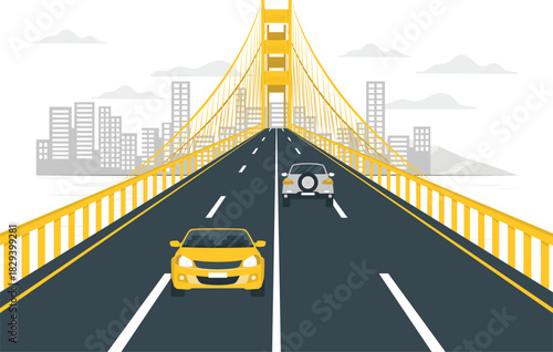 Urban Bridge Road Trip Car Journey Across Cityscape Bridge Illustration