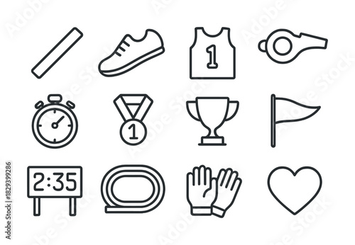 Line art sports icons: stopwatch, medal, trophy, jersey, sneaker, whistle, glove, track, finish flag